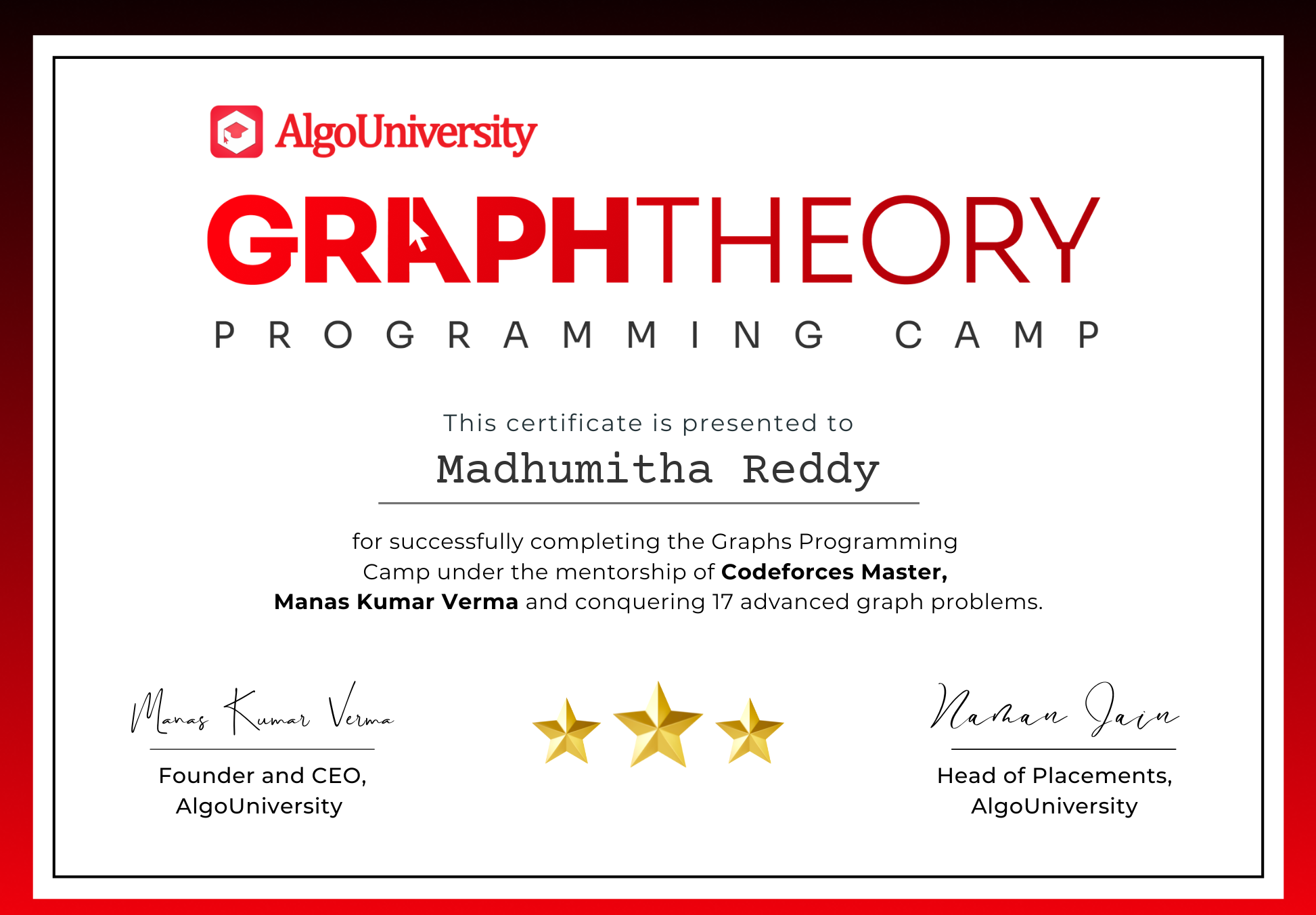 AlgoUniversity Graph Theory Programming Camp certificate